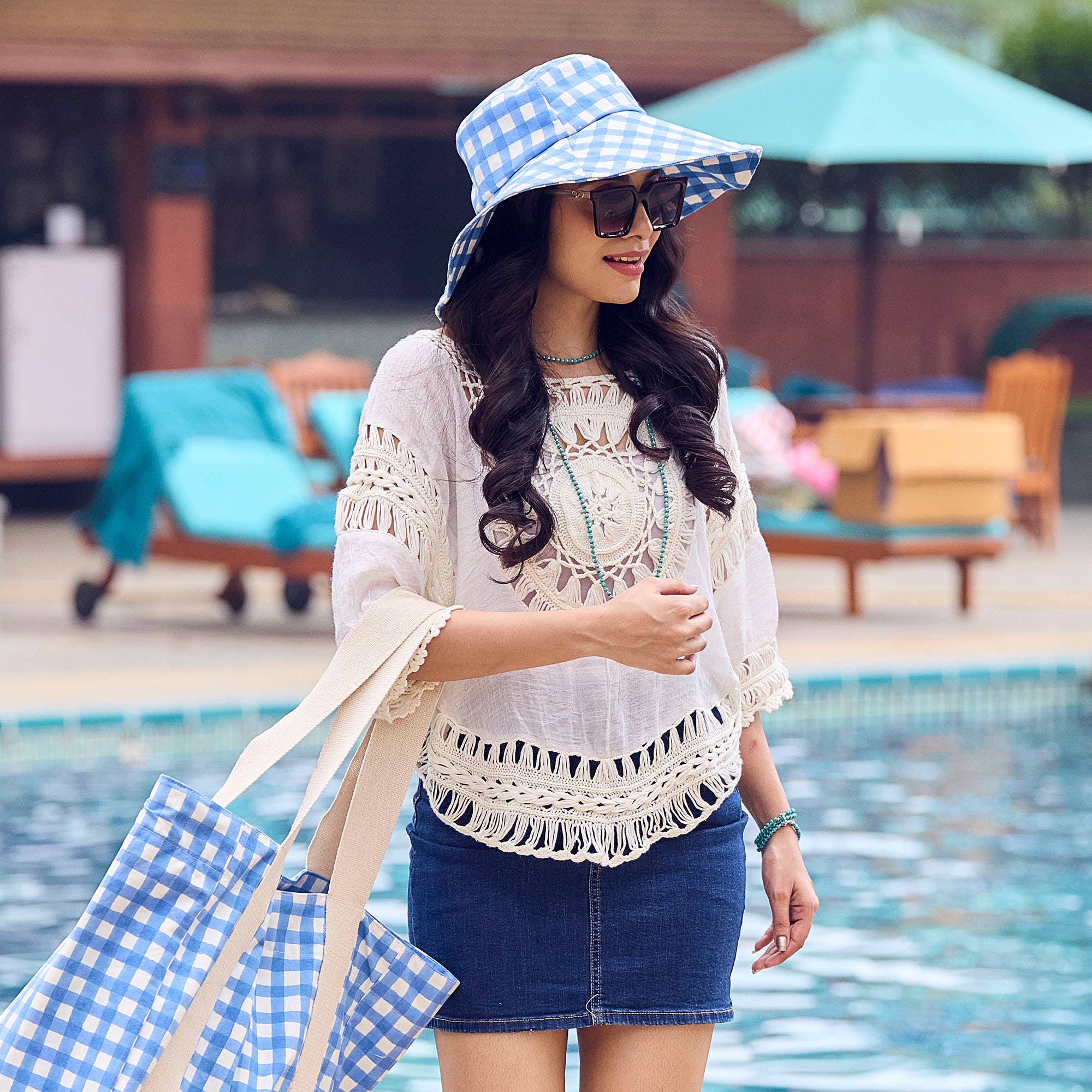 The Block printed Canvas Blue Gingham Sun Hat
