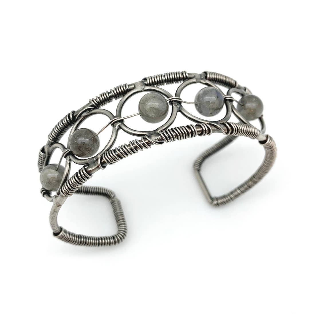 Wire-Wrapped Stone Cuff - Antique Silver with Labradorite