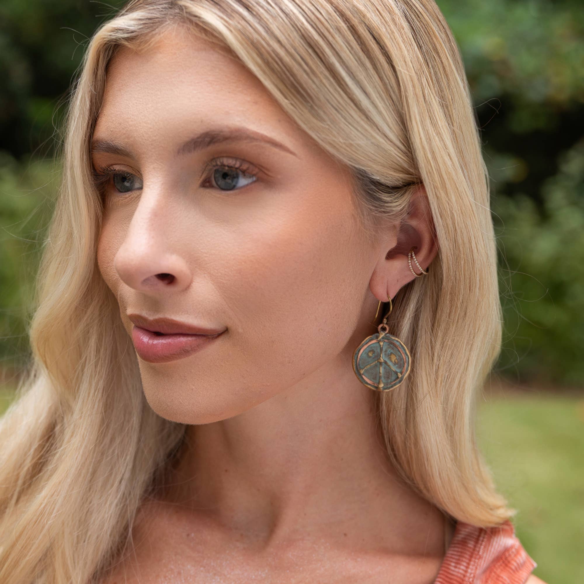 Handcrafted Verdigris Peace Sign Brass Patina Earrings
