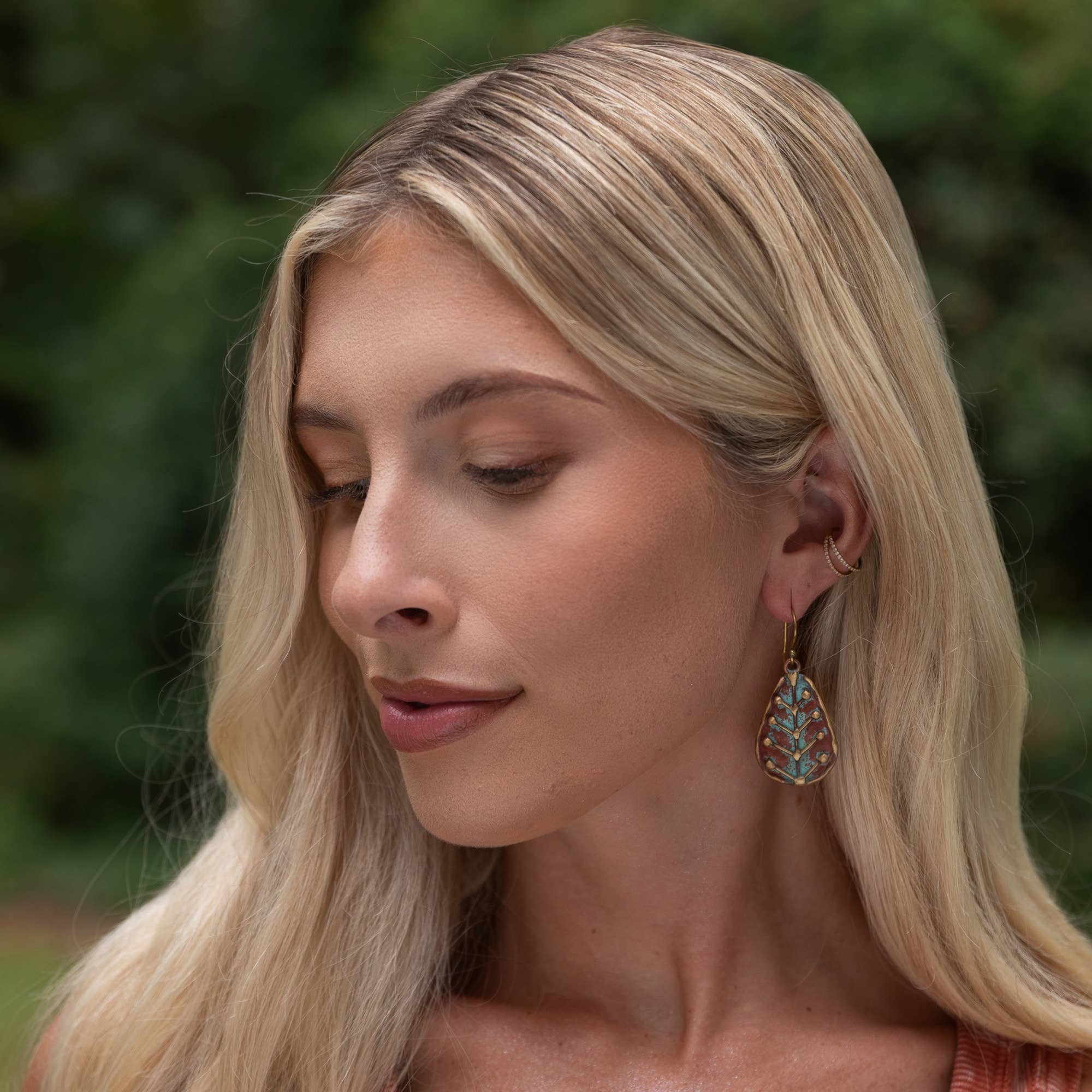 Handcrafted Two-Tone Dotted Leaf Brass Patina Earrings