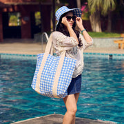 Handcrafted Canvas Bag with Block-Printed Blue Gingham Bliss