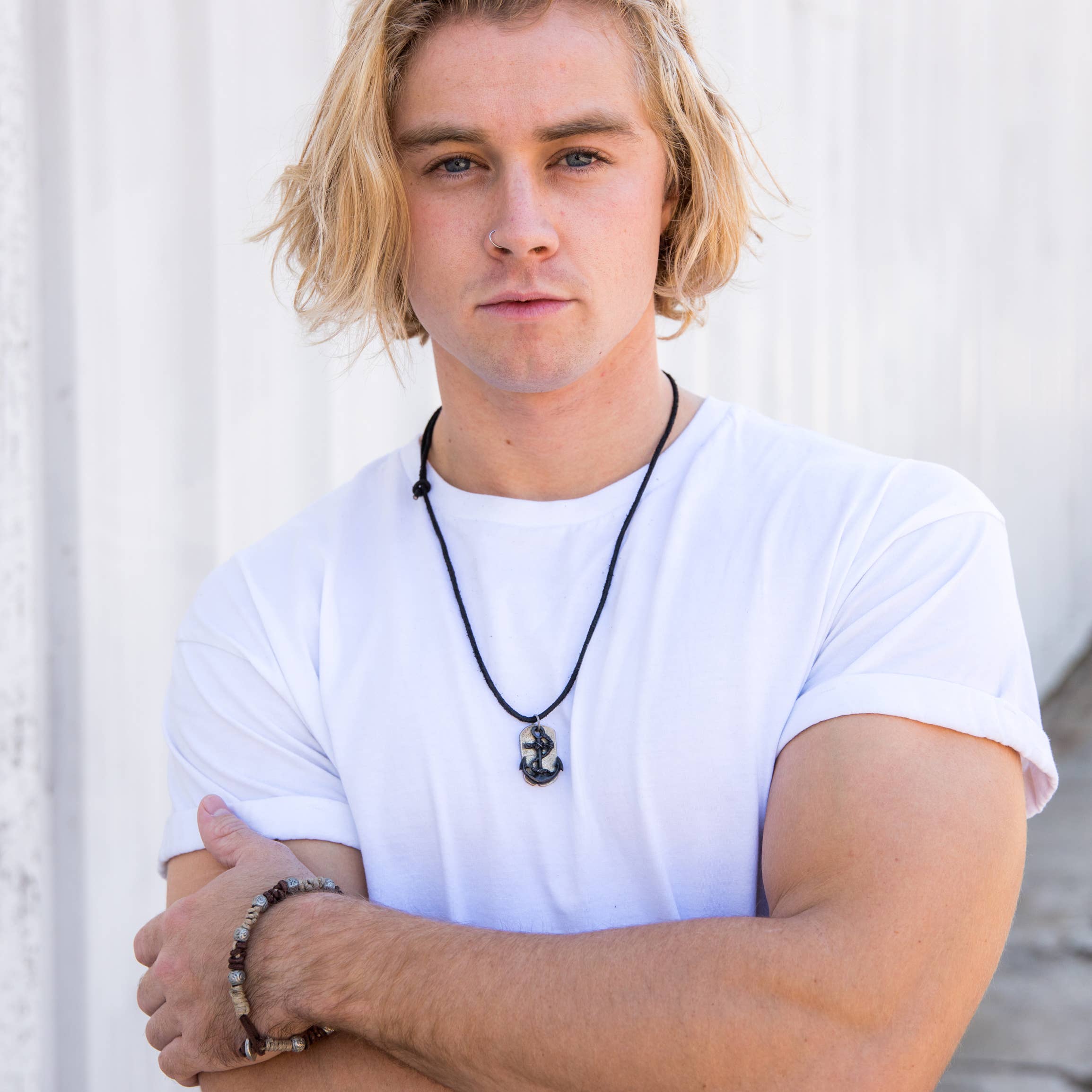 Aadi Black Anchor on Silver, Black Leather Men's Necklace