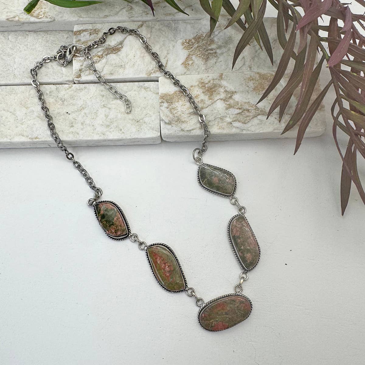 Handcrafted Kashi Semiprecious Stone Bib Necklace - Unakite
