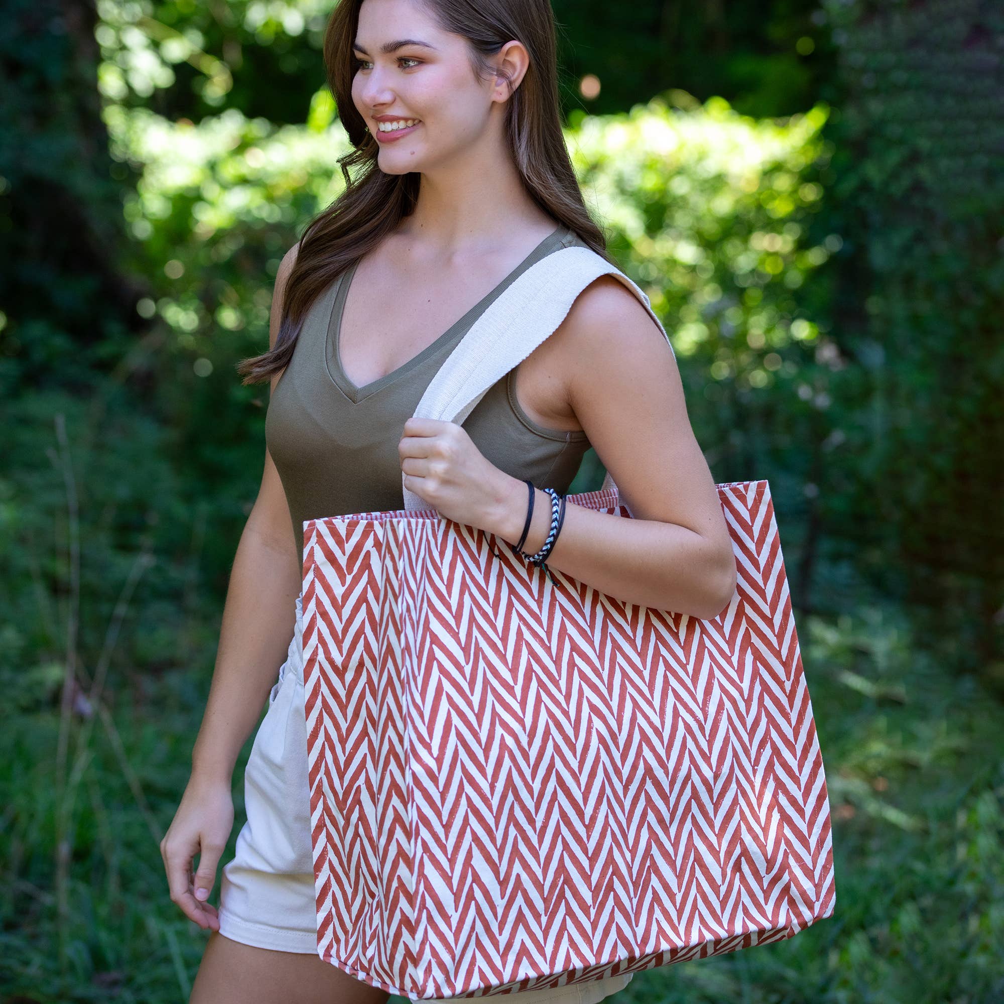 Canvas Bag with Block-Printed Red and White Zigzag Pattern