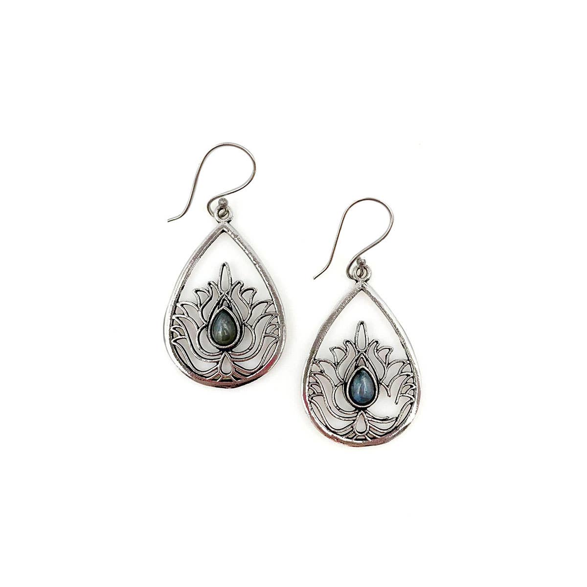 Tanvi Silver-Plated & Labradorite Earrings - Lotus Teardrop