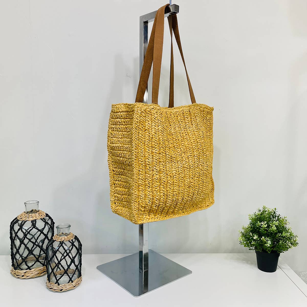 Stella Large Raffia Box Tote with Leather Handles