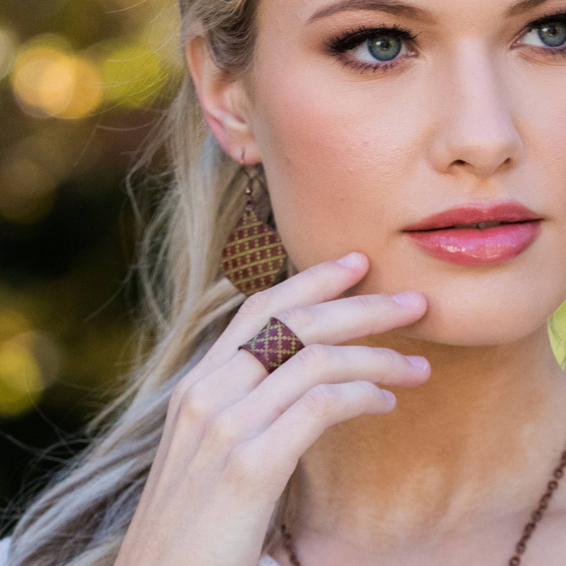 Copper Patina Ring - Chartreuse Tile Pattern