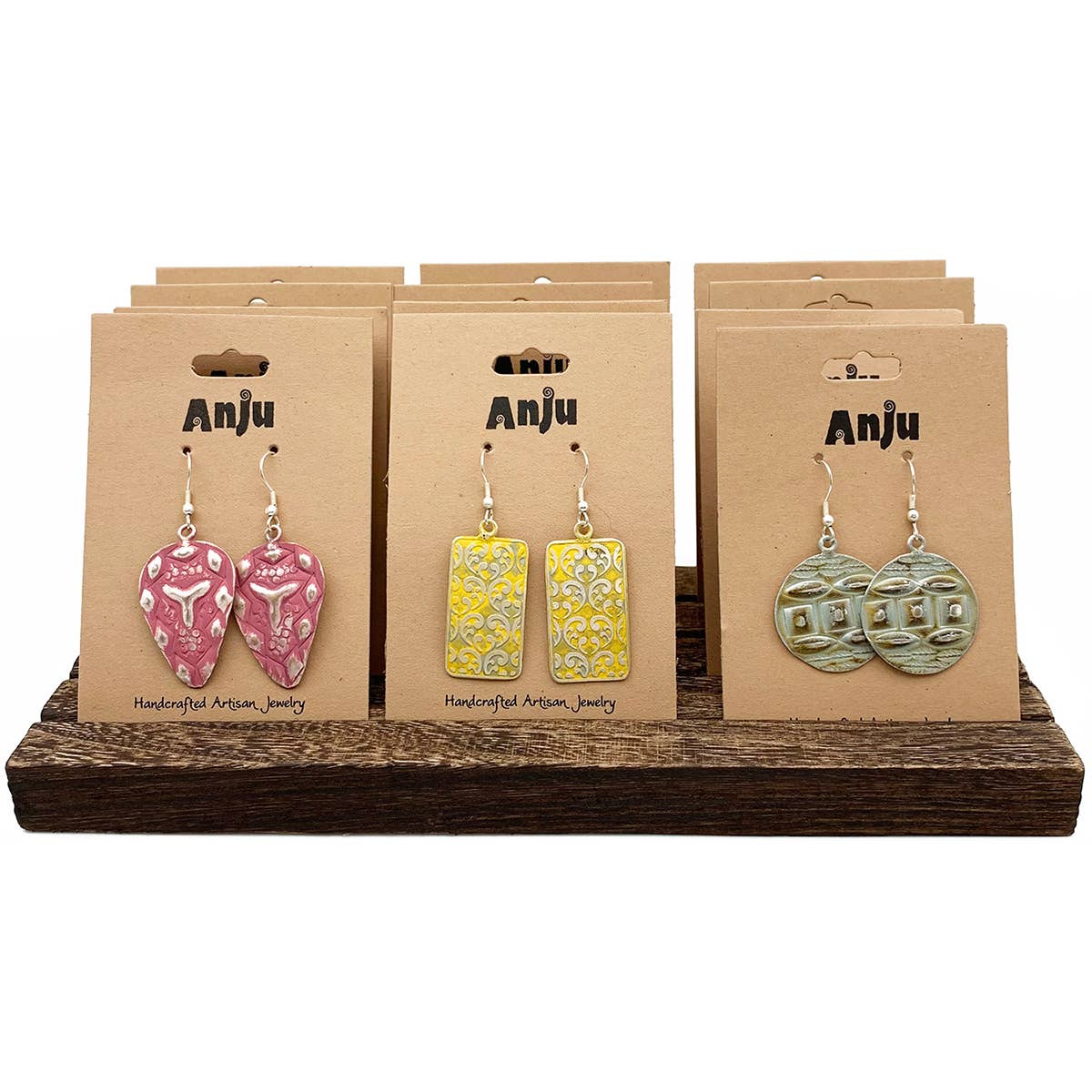 Silver Patina Earrings and Wooden Display Prepack