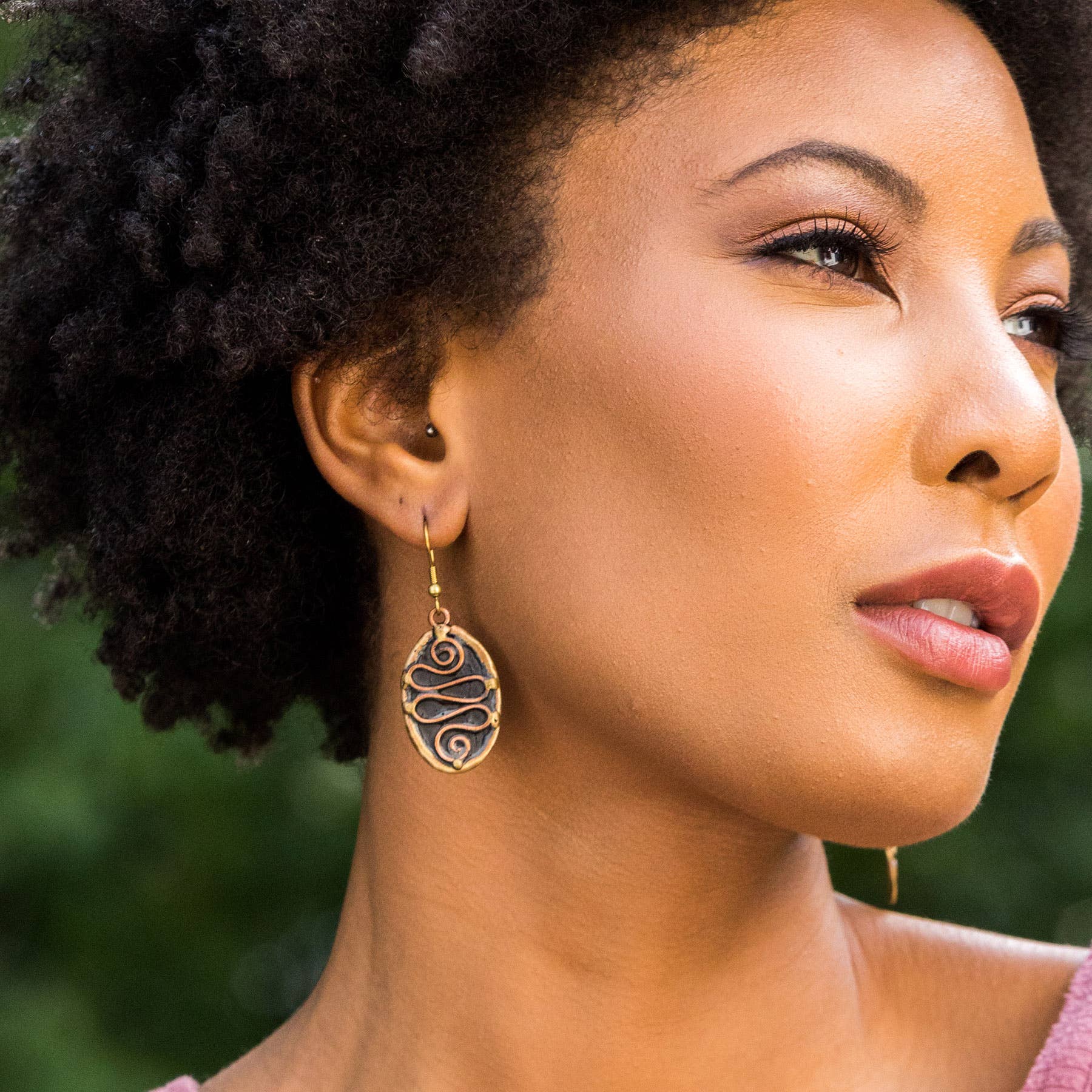 Brass Patina Earrings - Blue with Wavy Line