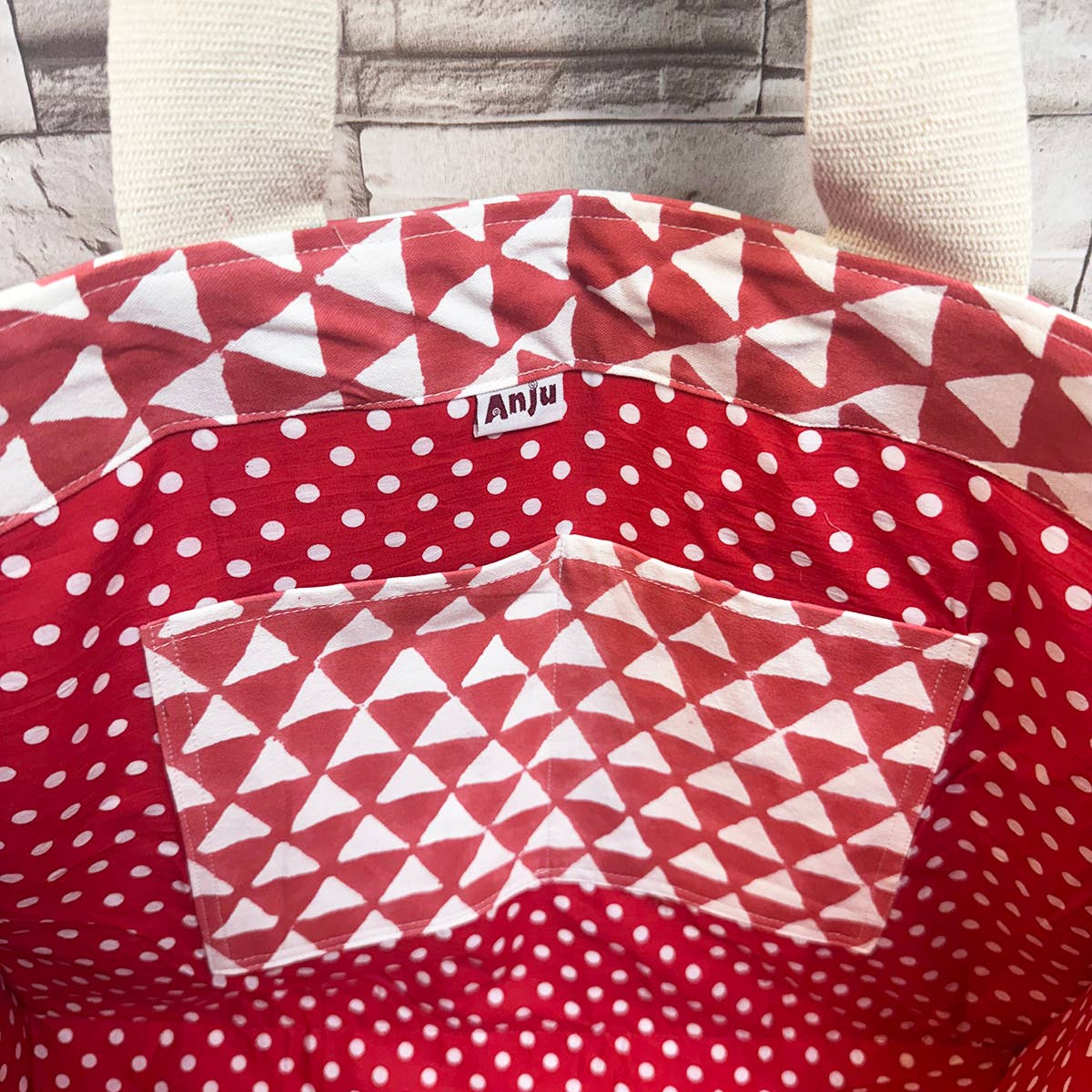 Canvas Bag with Block-Printed Red geometric pattern