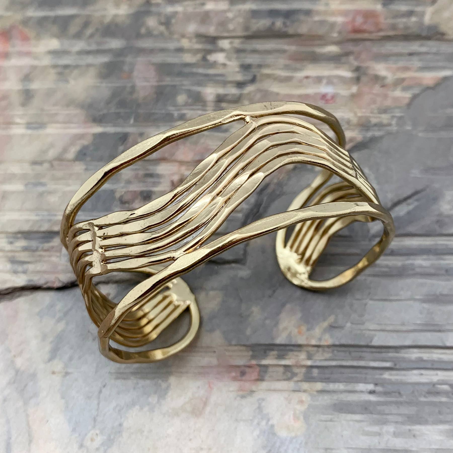 Gold Plated Adjustable Cuff Bracelet - Wave in Frame