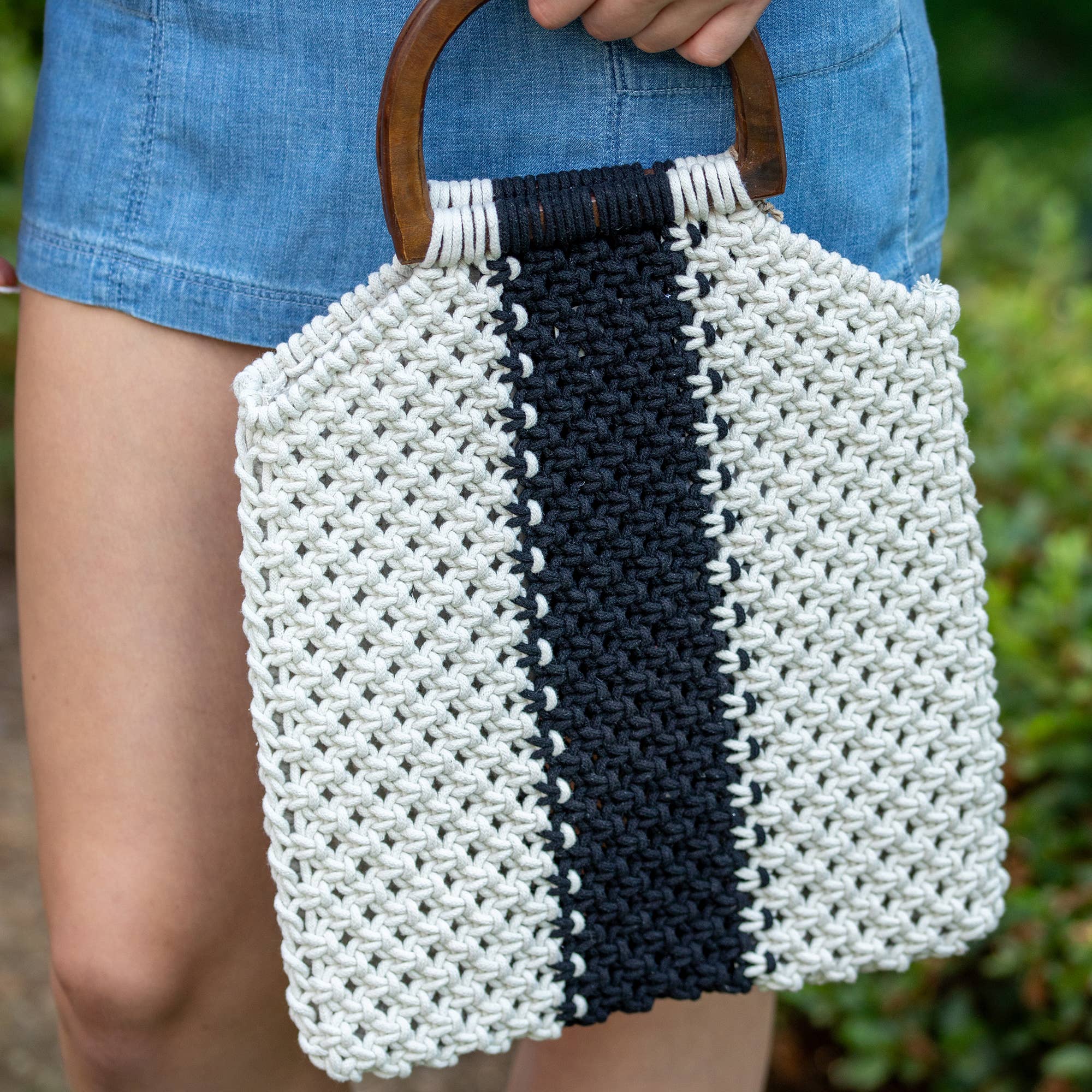 Bali Bag - Cotton Macrame Bag with White and Black Stripes