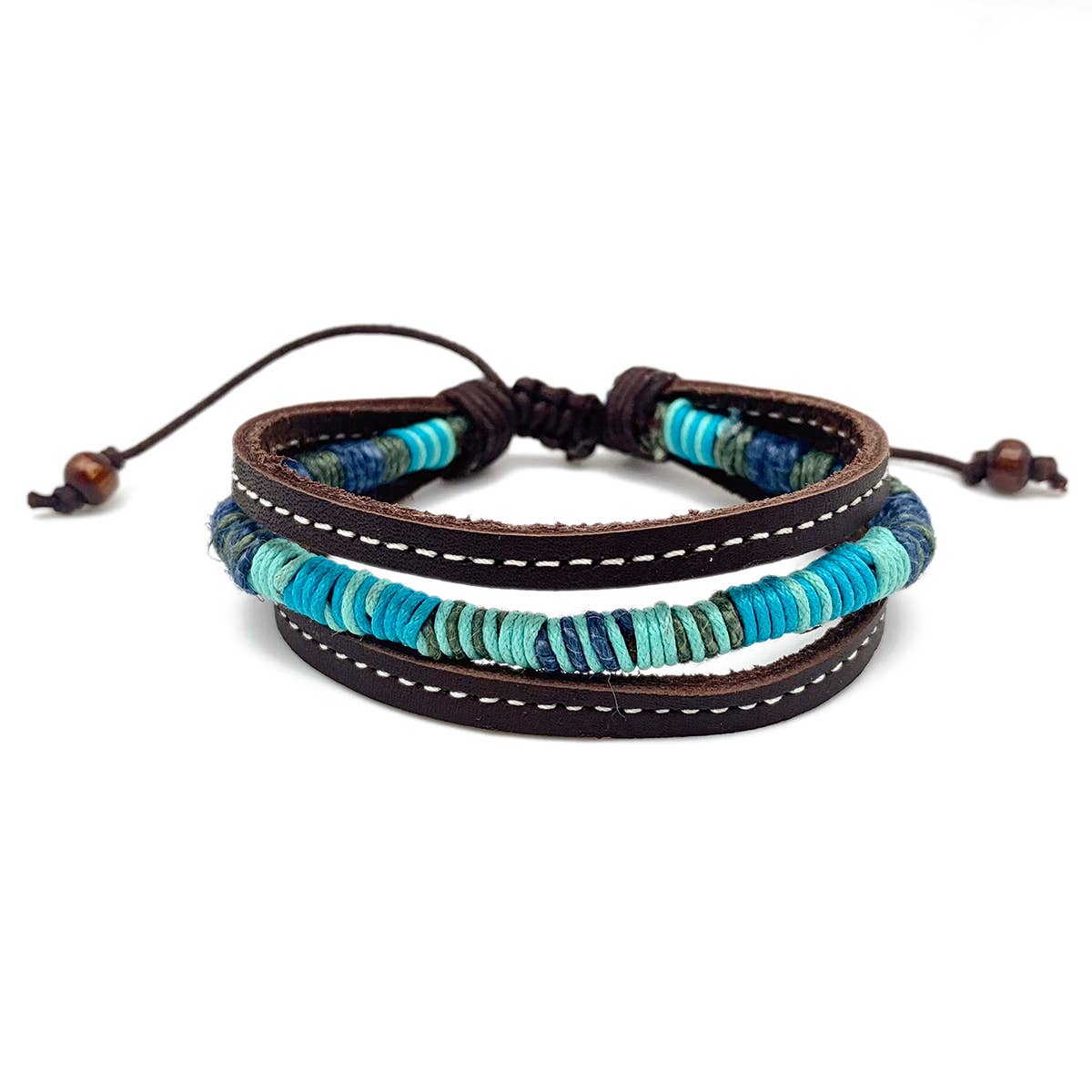 Aadi Brown Leather and Aqua Twine Pull Tie Men's Bracelet