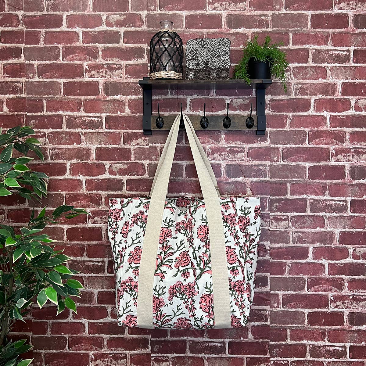 Handcrafted Canvas Bag with Block-Printed Cherry Blossom