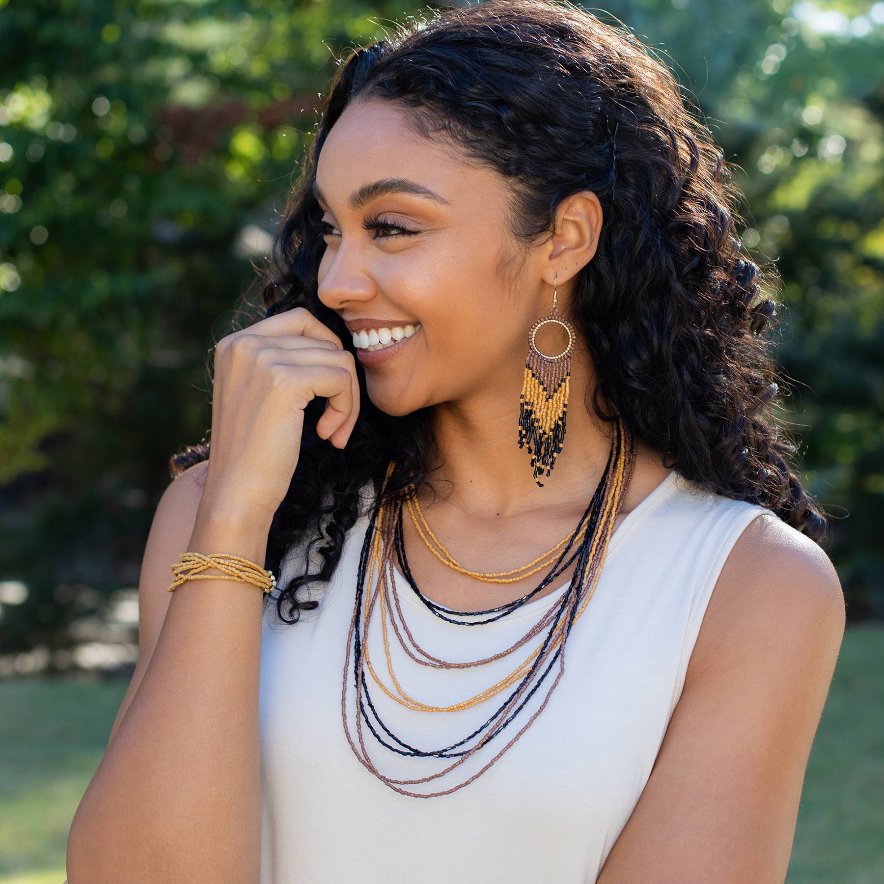 Sachi Beaded Safari Necklace - Black Brown Tan Graduated