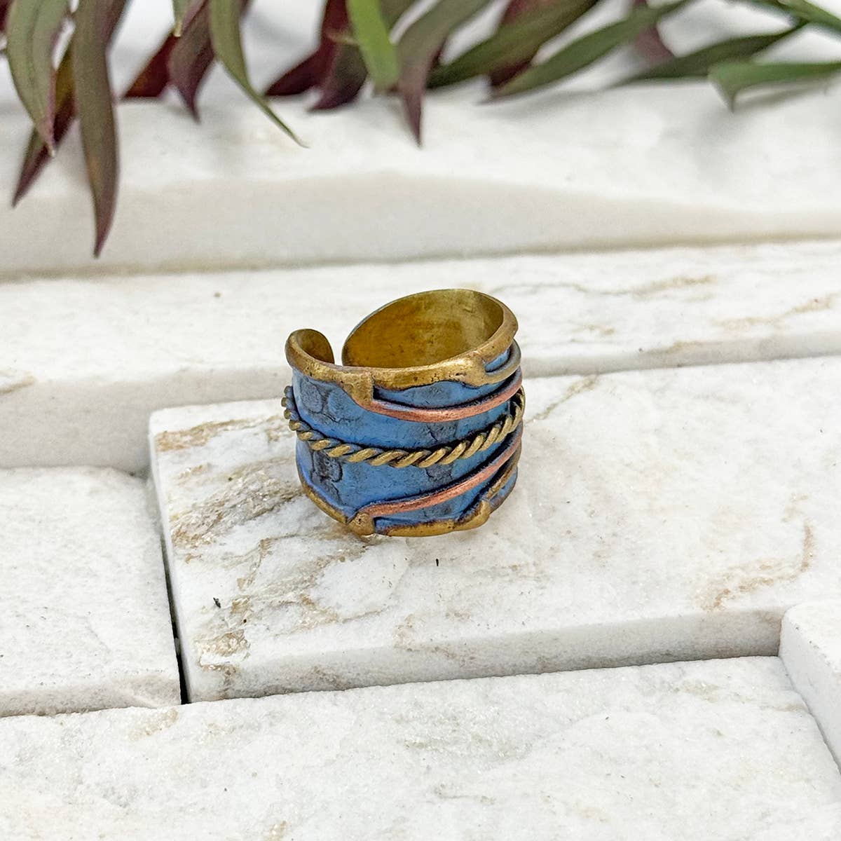 Handcrafted Cadet Blue & Rope Brass Patina Ring