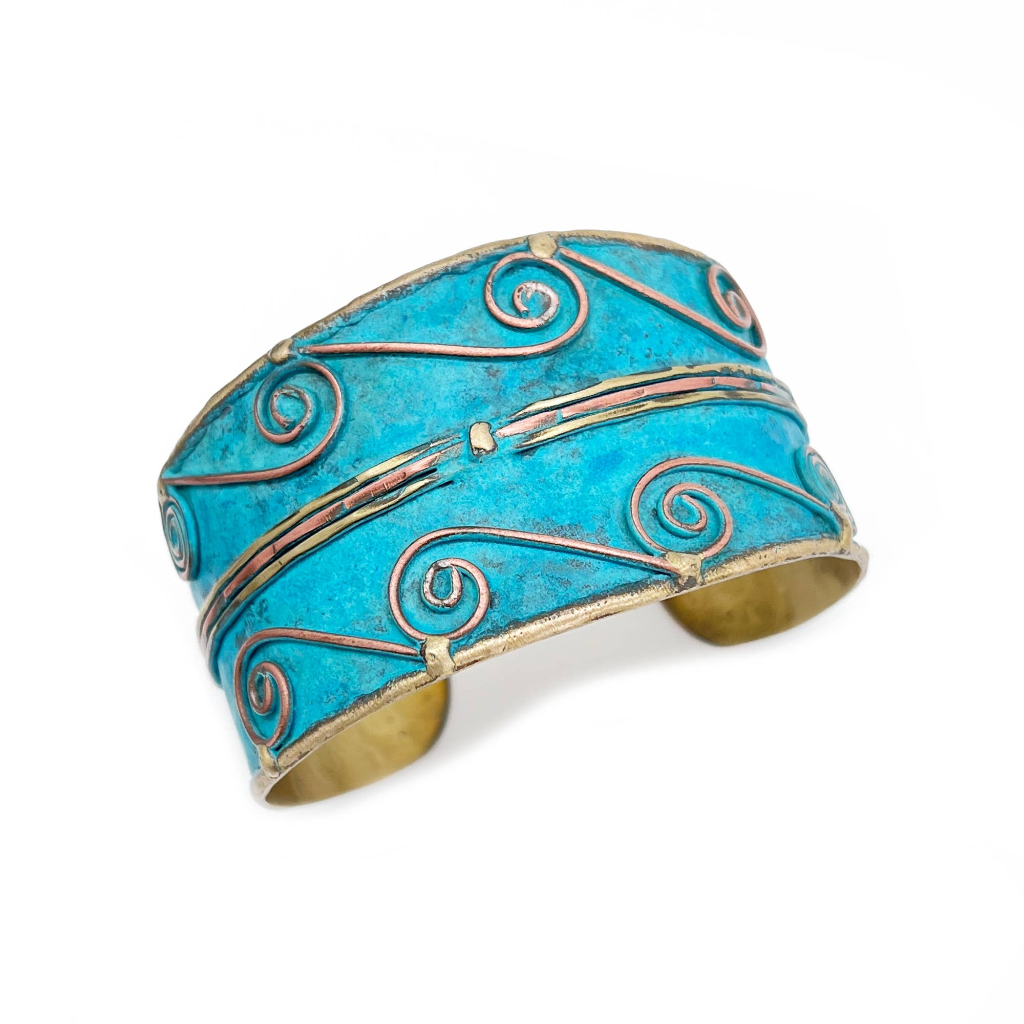 Brass Patina Cuff Bracelet - Turquoise Swirls
