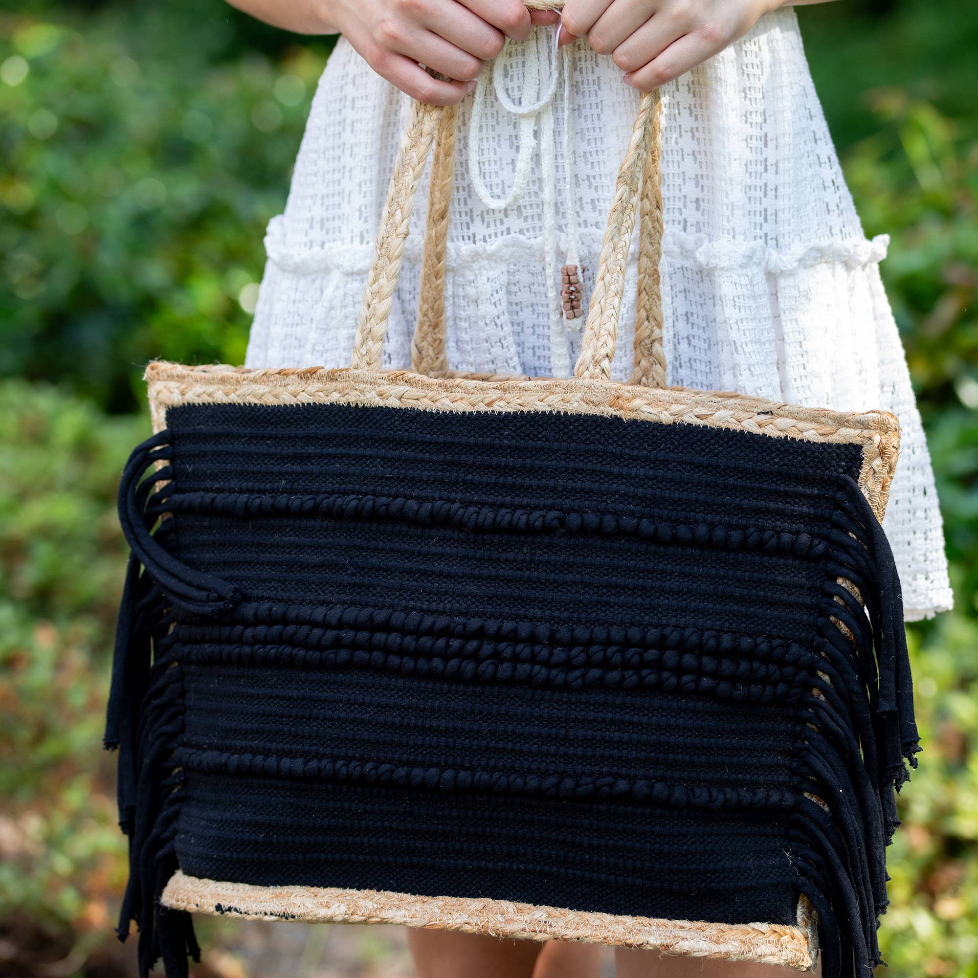 Nora Tote - Jute and Black Cotton Tote with Fringes