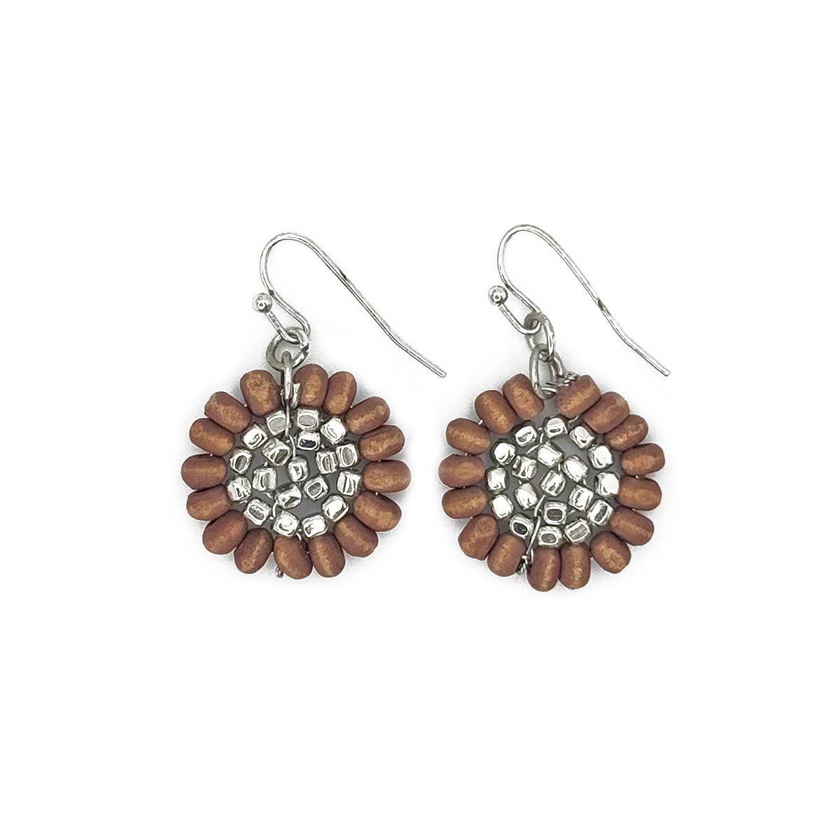 Sachi Wood Bead Flower Earrings - Brown