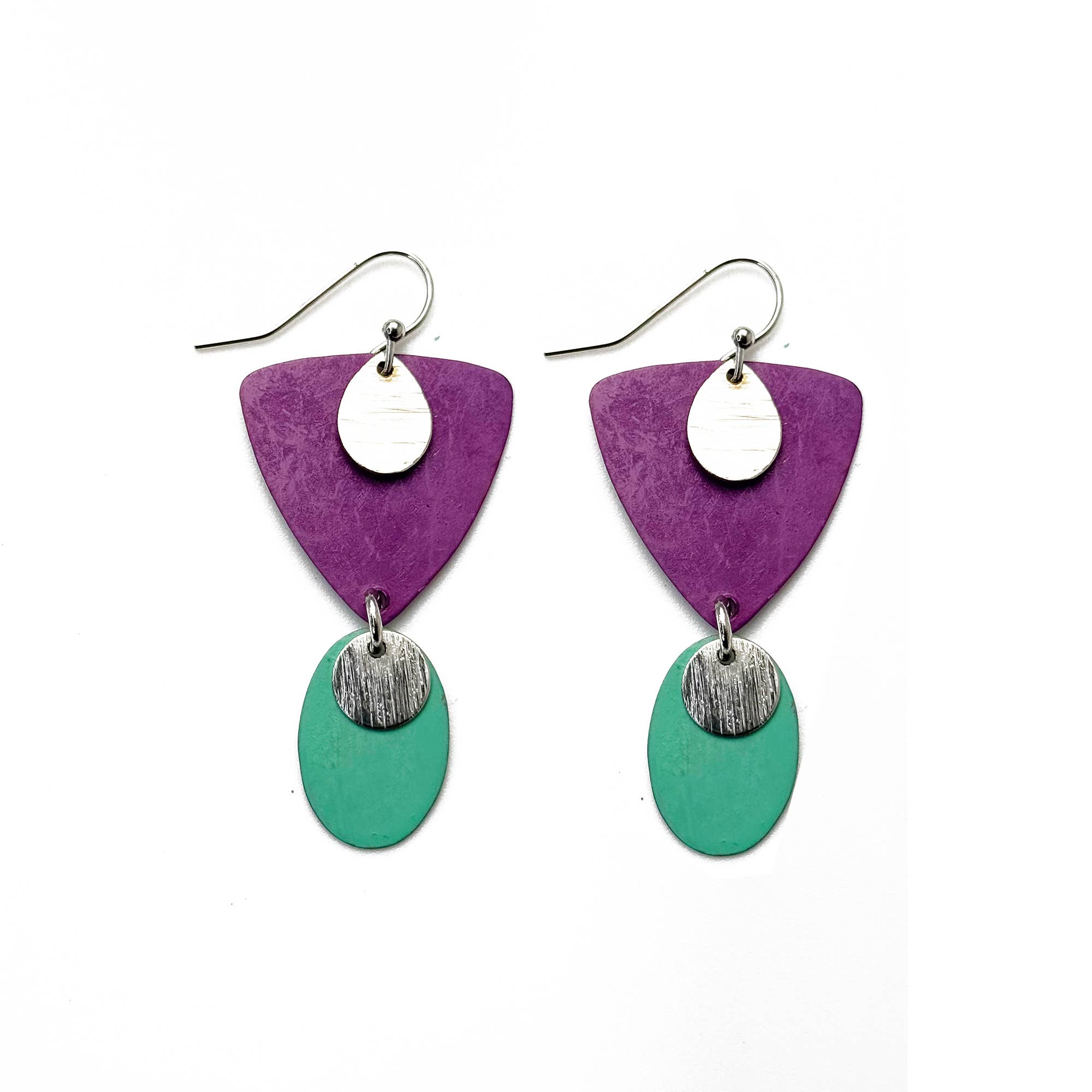 Handcrafted Purple & Green Patina Triangle Earrings