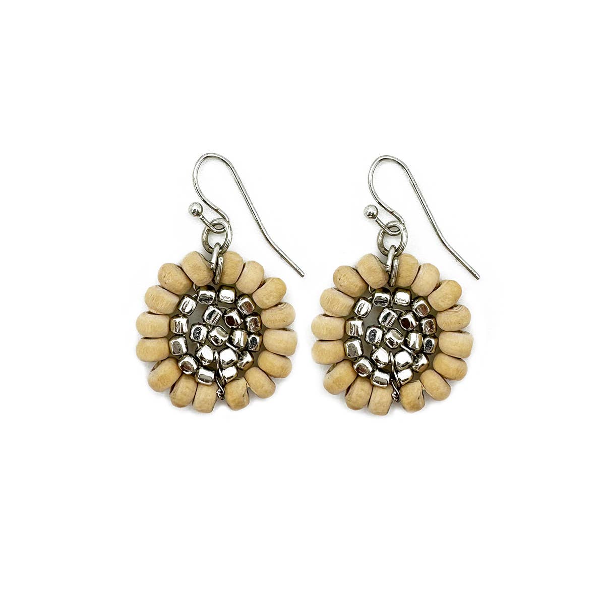 Sachi Wood Bead Flower Earrings - Beige