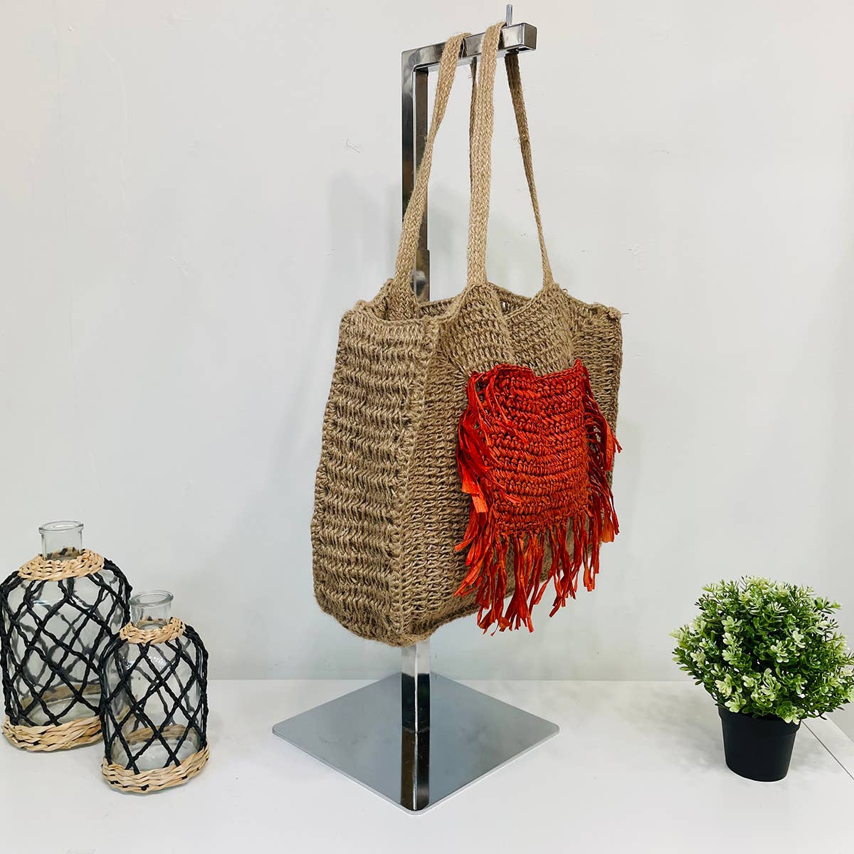 Lana Woven Jute Bag with Color Raffia Pocket