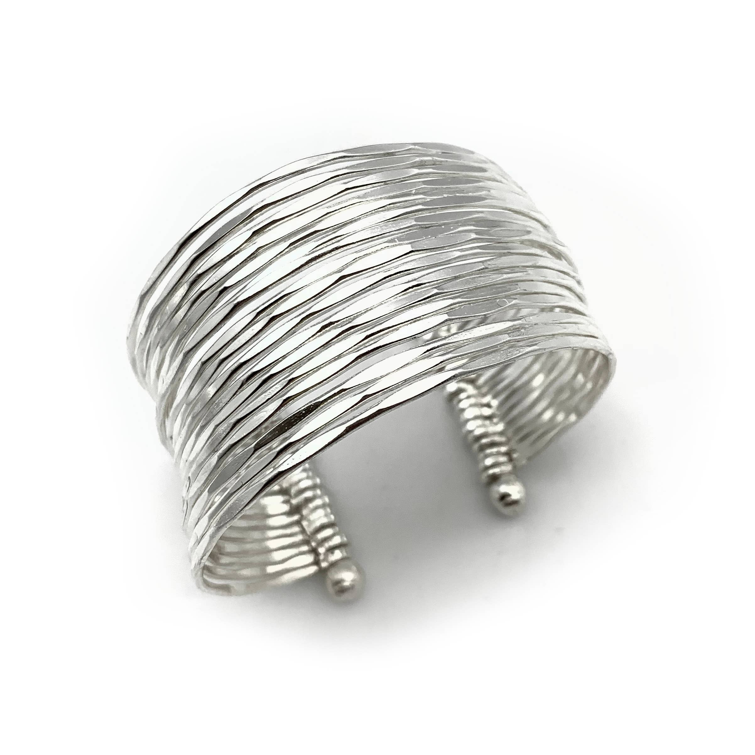 Silver Plated Adjustable Cuff Bracelet - Hammered Bands