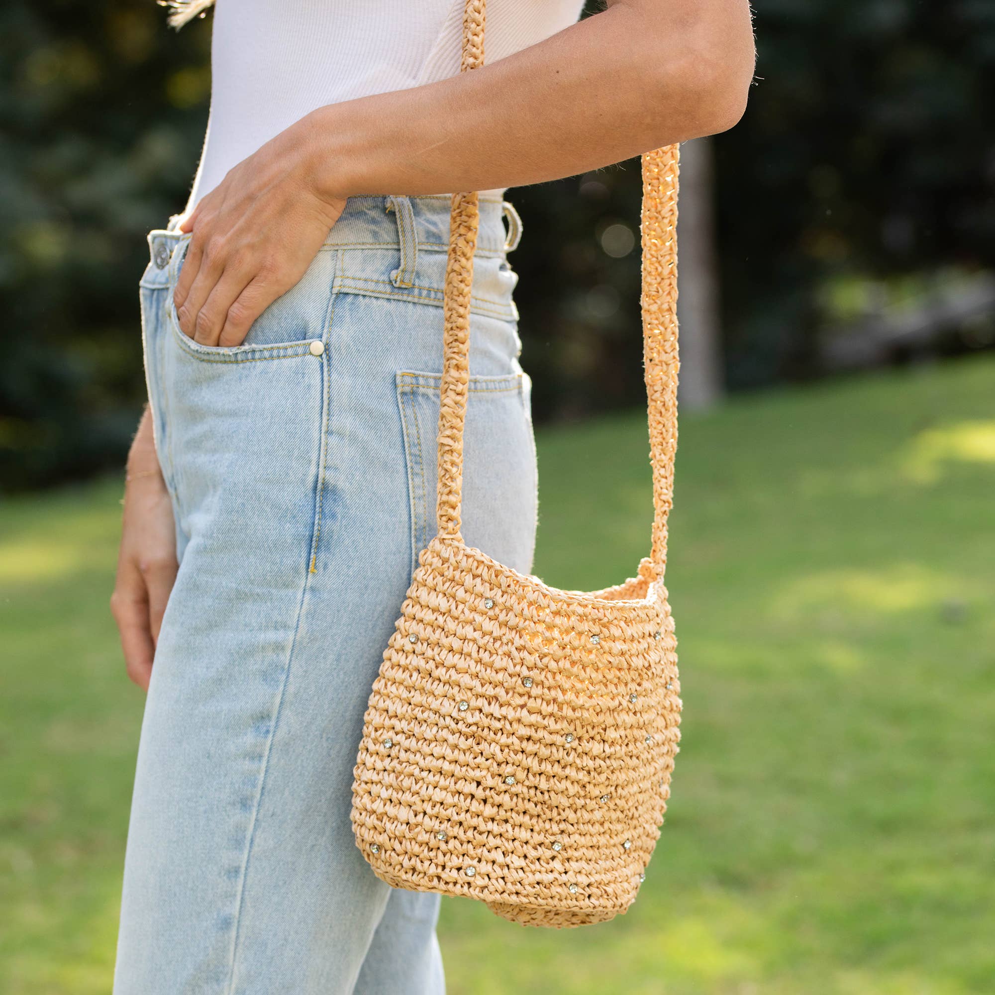 Sylvie Bag - Raffia Bucket Bag with Rhinestones - Natural