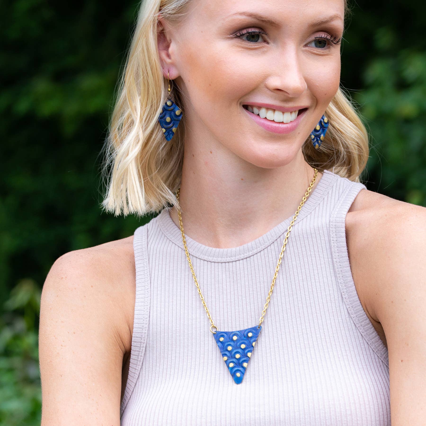Brass Patina Necklace - Cobalt Blue Triangle with Brass Dots