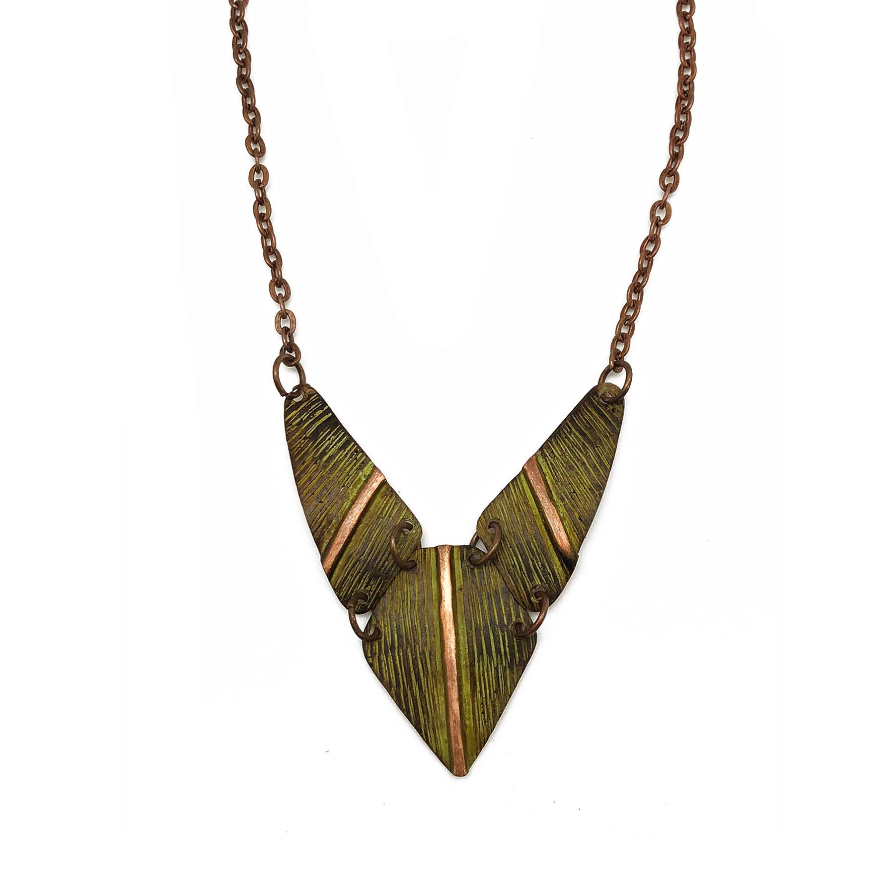Copper Patina Necklace - Chartreuse Hatchmark Print