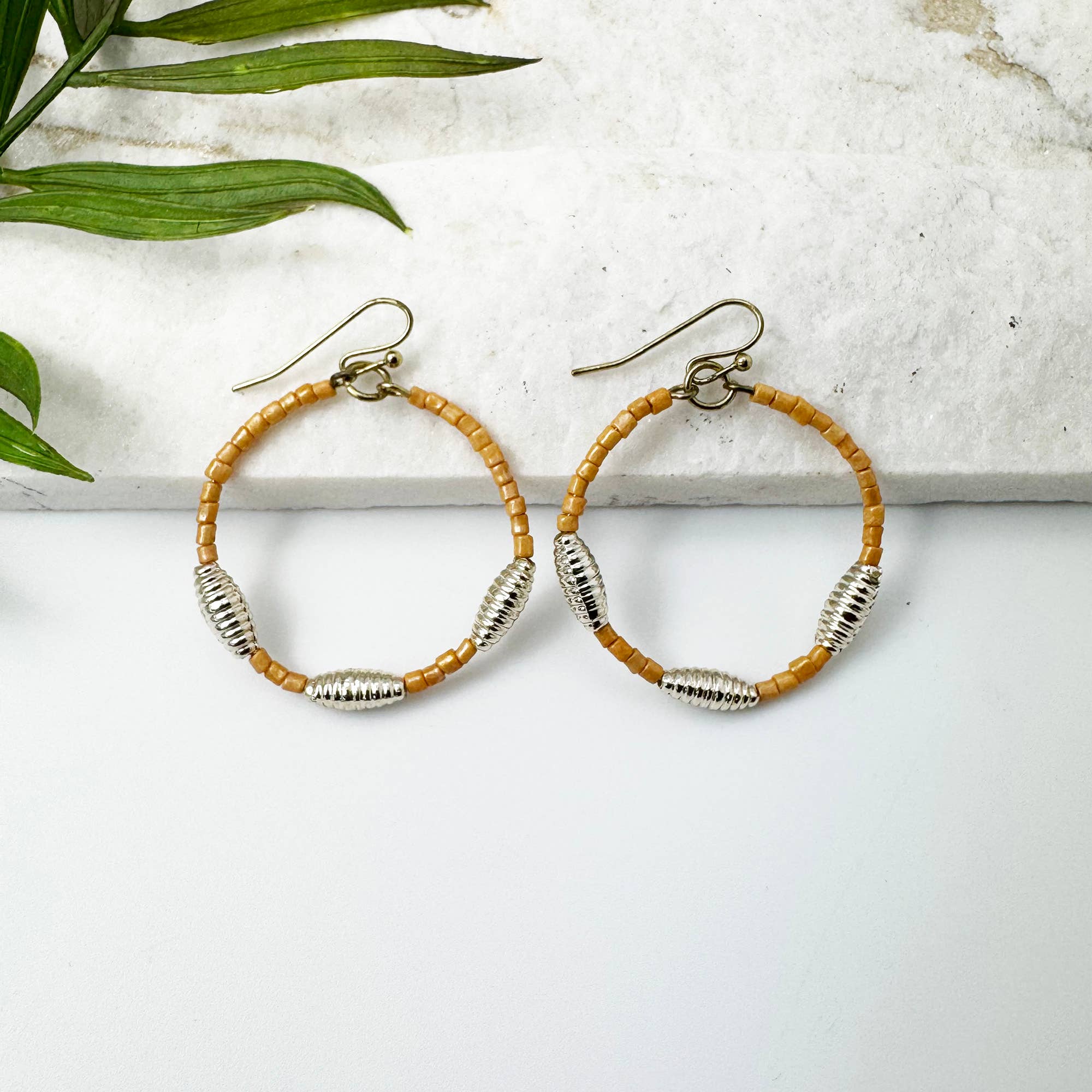 Seed Bead Hoop Earrings - Tan
