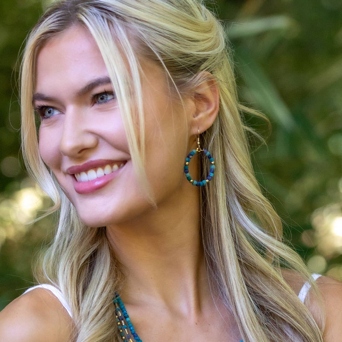 Aasha Aqua Small Beaded Hoop Kantha Earrings