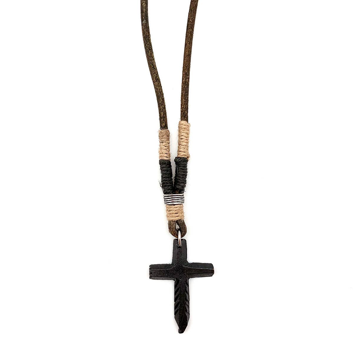Aadi Pewter Pointed Cross Twine and Leather Men's Necklace