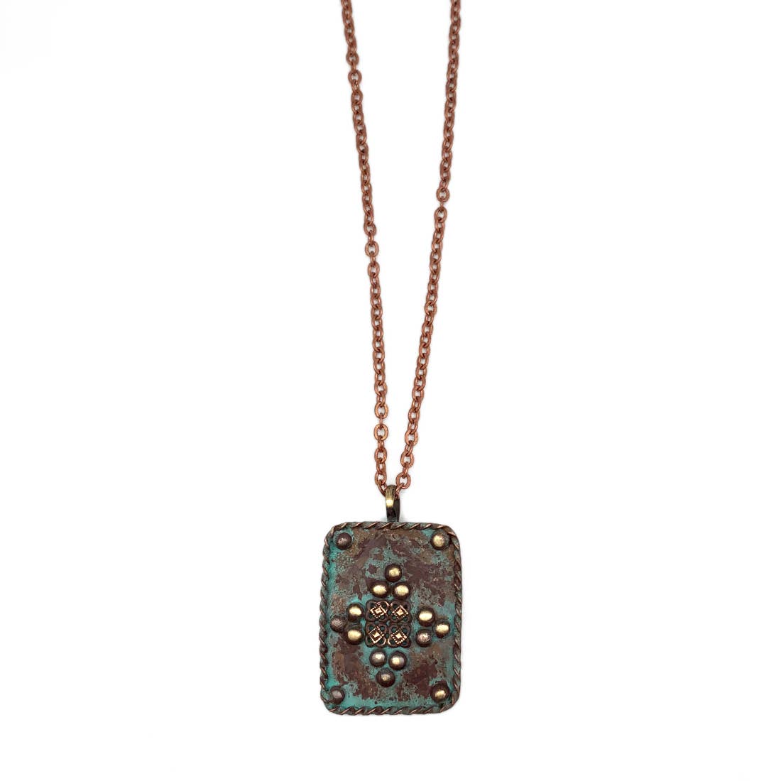 Copper Patina Necklace - Turquoise Rivets Rectangle Pendant