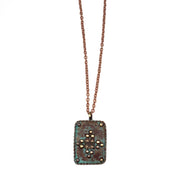 Copper Patina Necklace - Turquoise Rivets Rectangle Pendant
