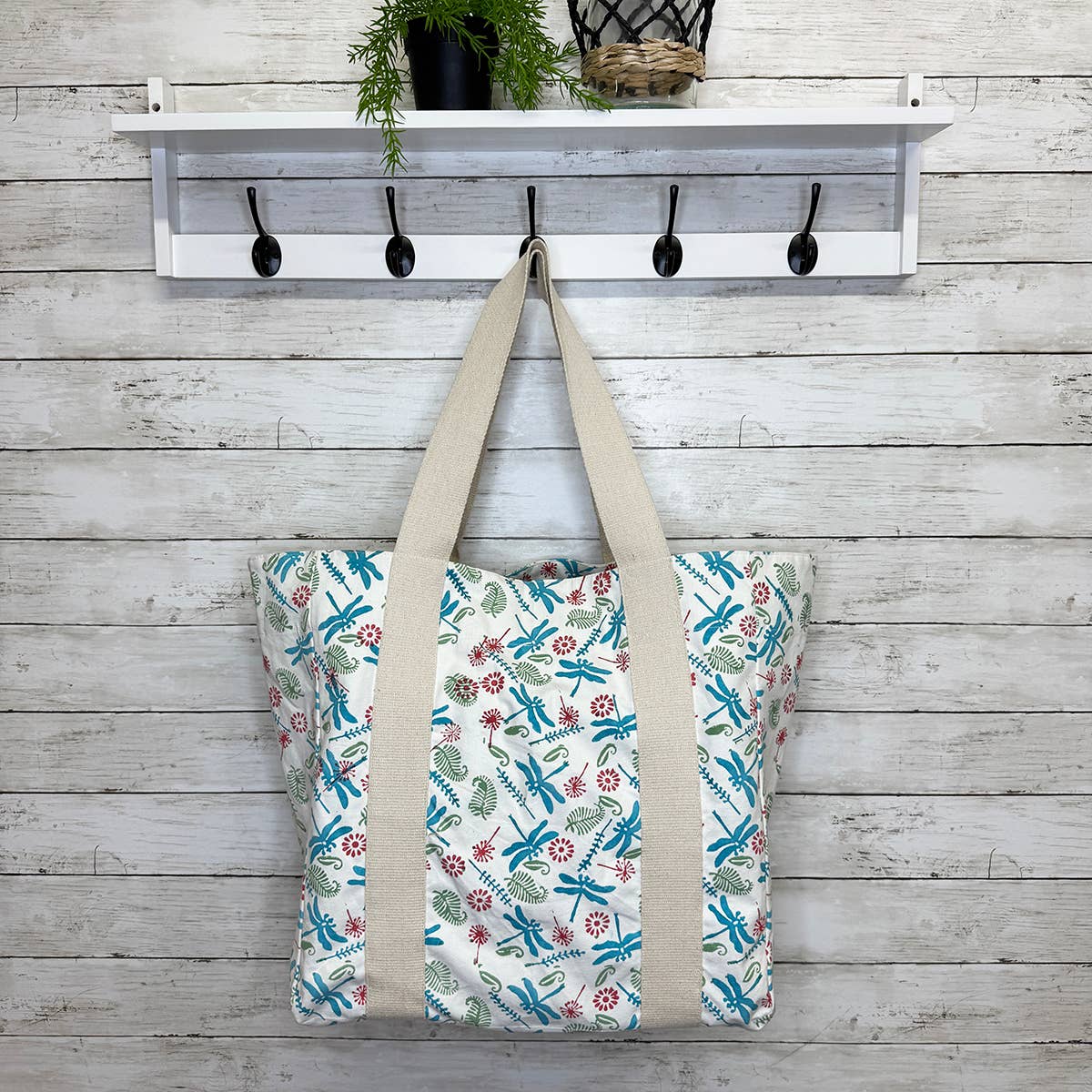 Handcrafted Canvas Bag with Block-Printed Dragonfly pattern