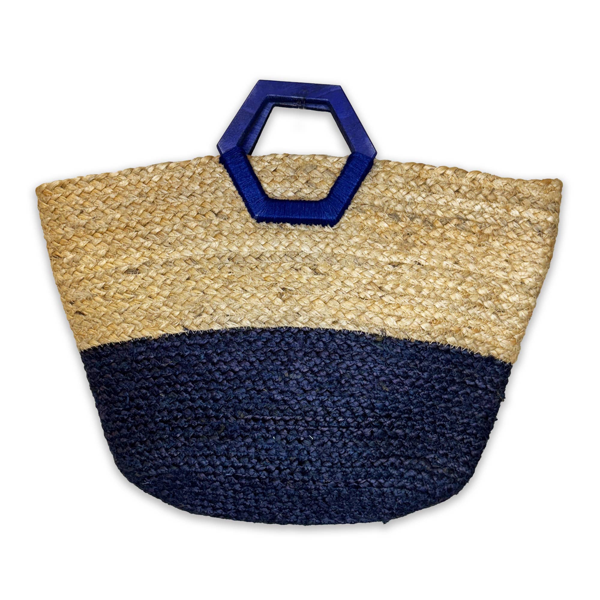Florence Hand Bag - Natural/Blue Jute Bag with Wood Handle