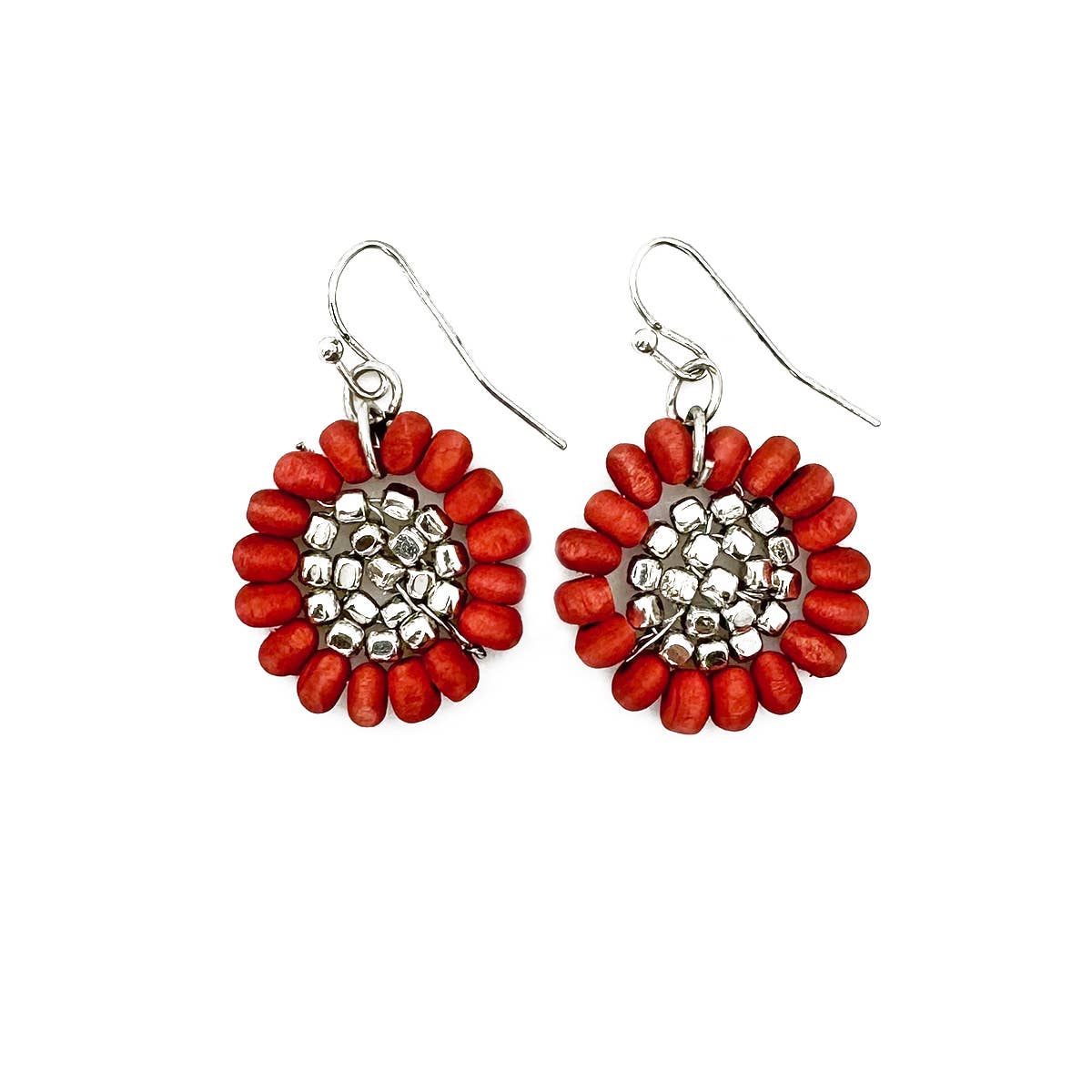 Sachi Wood Bead Flower Earrings - Red