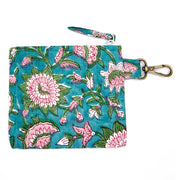Quilted Block-Printed Travel Pouch - Aqua Bloom