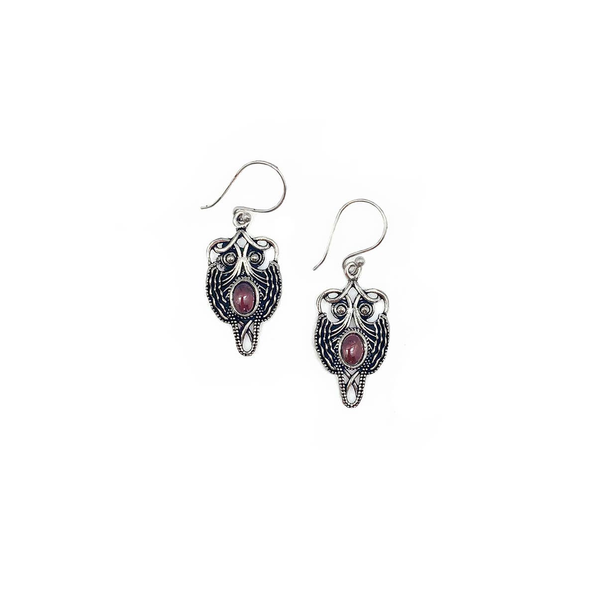 Tanvi Silver Art Nouveau Owl with Garnet Earrings