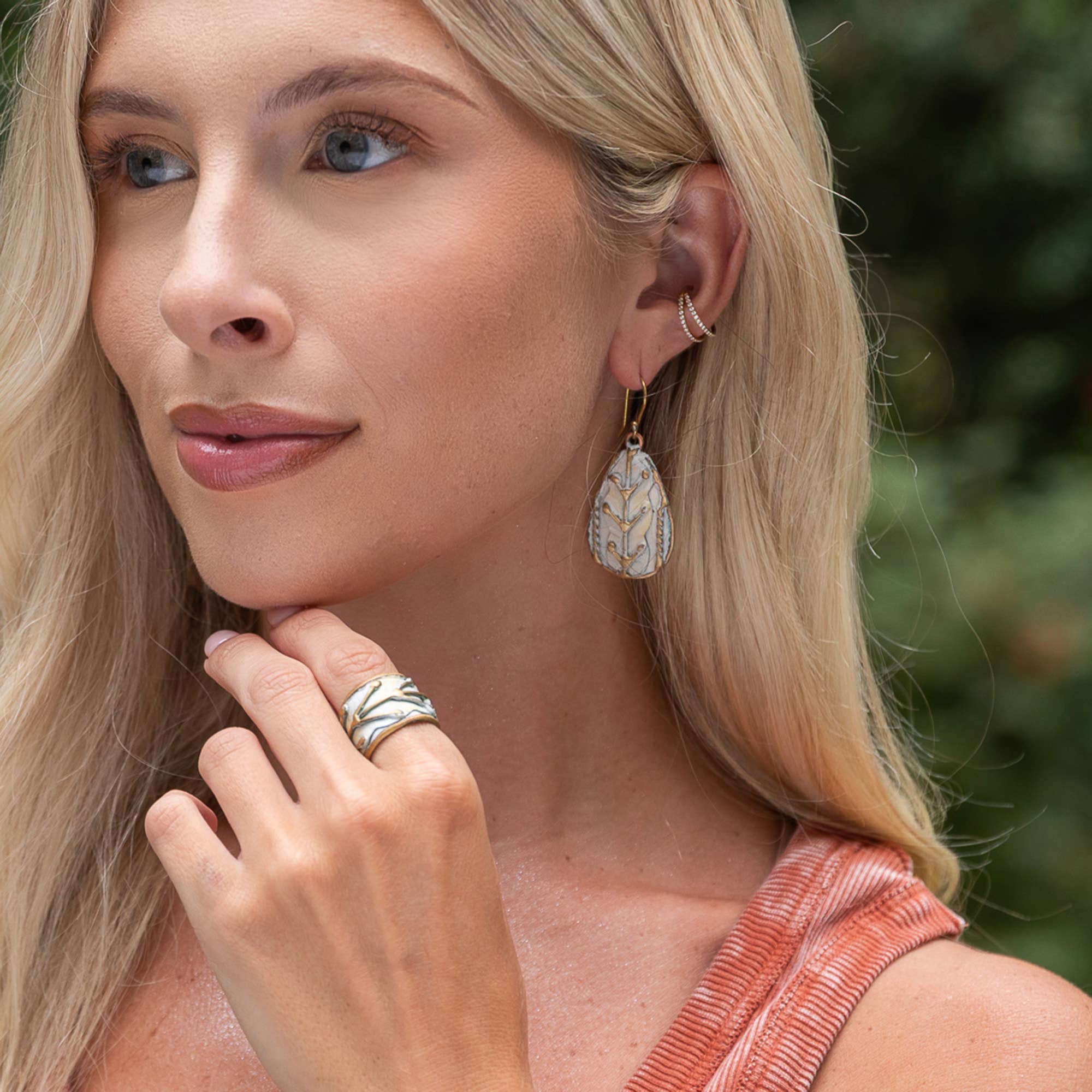 Handcrafted Antique White Dotted Leaf Brass Patina Earrings