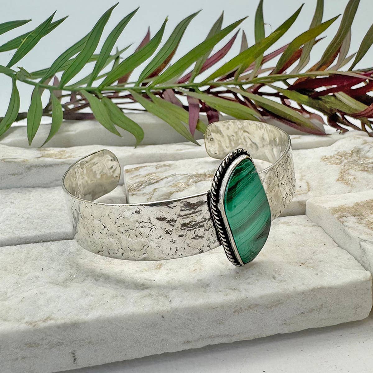 Handcrafted Kashi Semiprecious Stone Cuff - Malachite