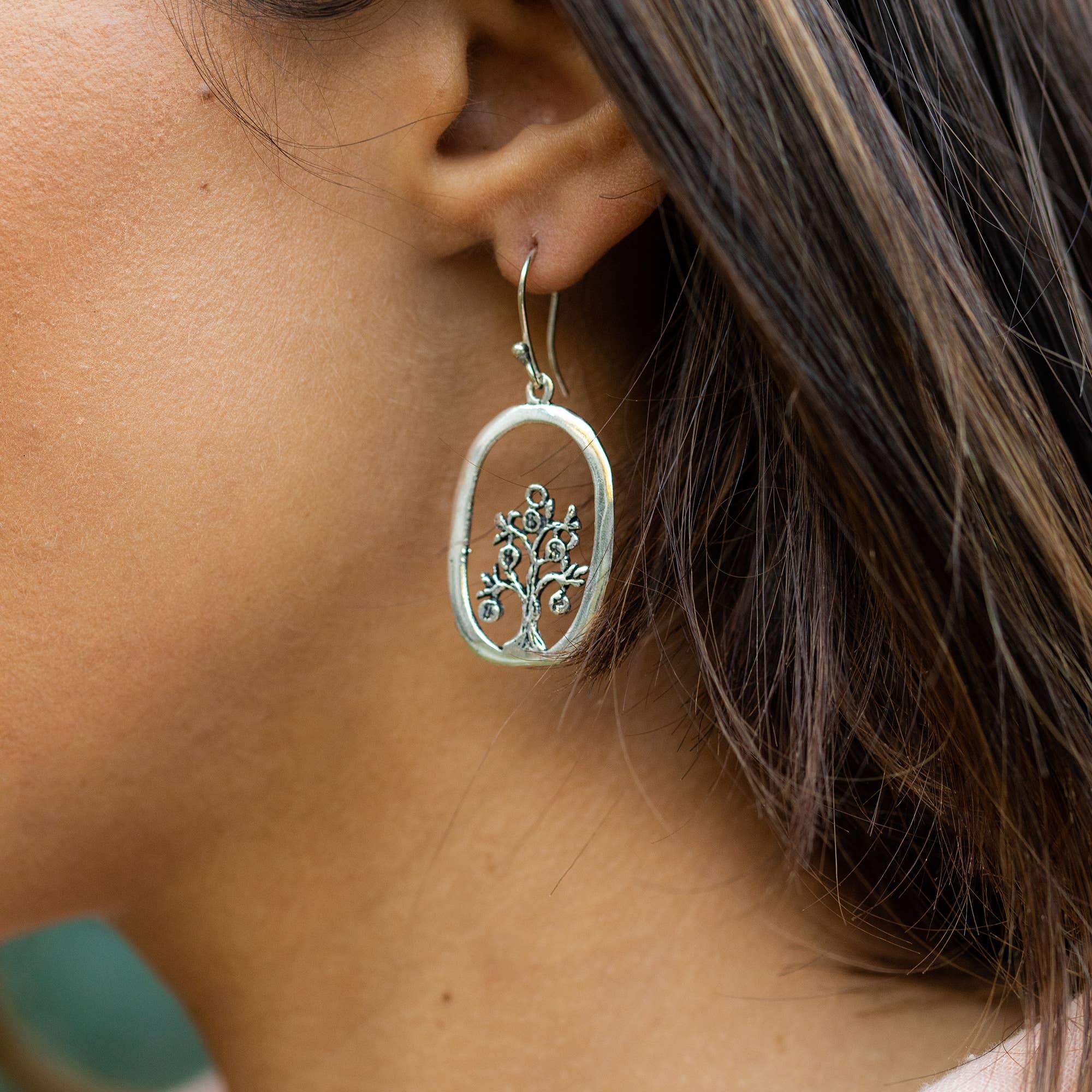 Tanvi Silver Rustic Tree in Open Oval Frame Earrings