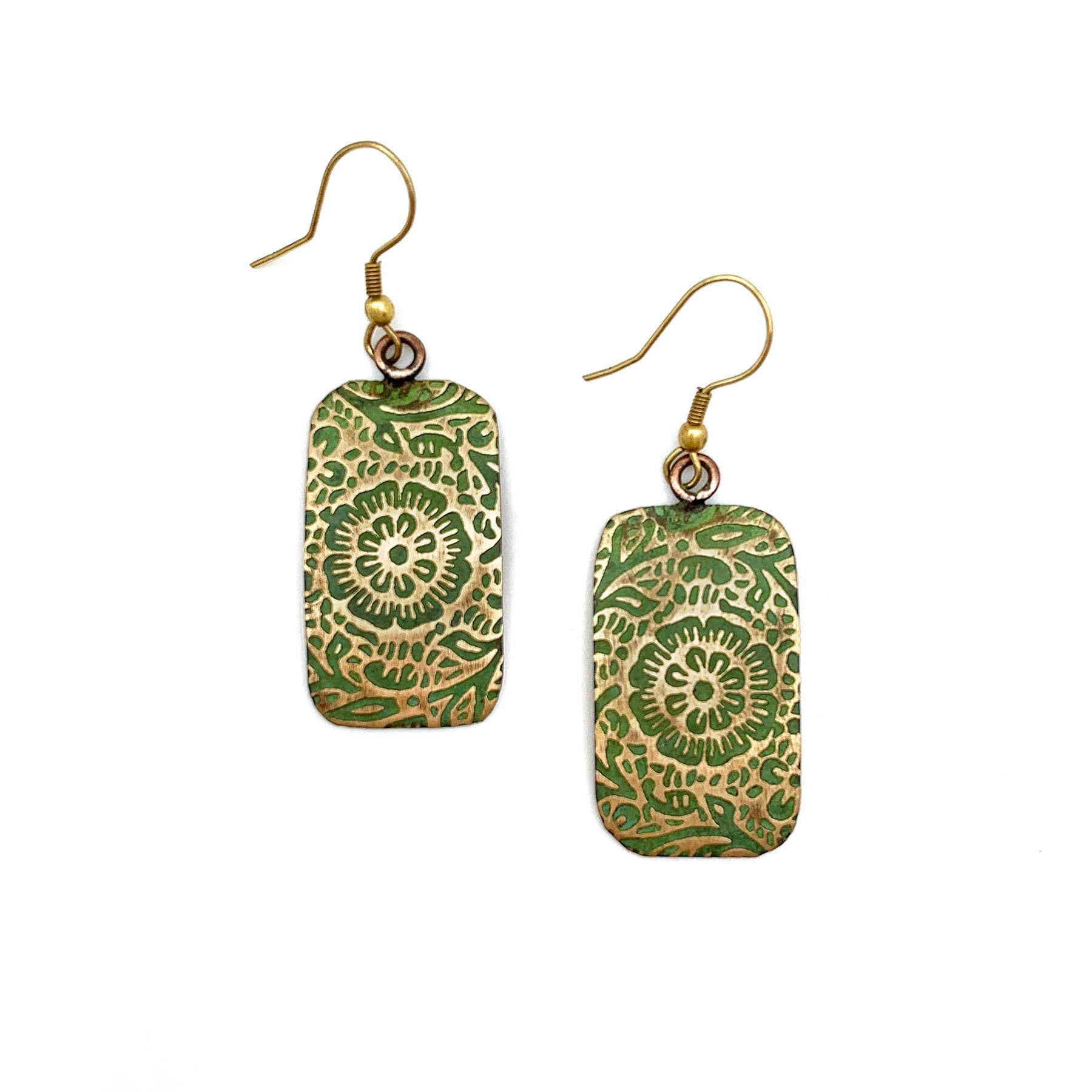 Brass Patina Earrings - Chartreuse Floral Scrollwork