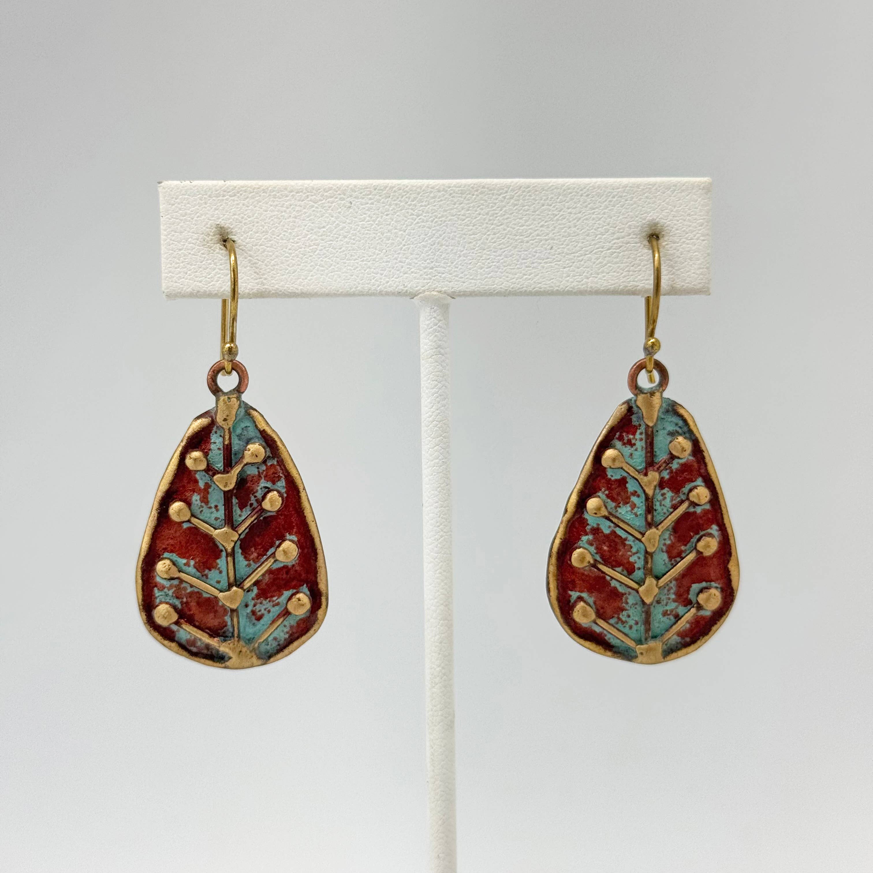 Handcrafted Two-Tone Dotted Leaf Brass Patina Earrings