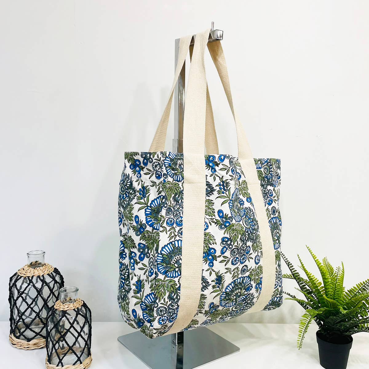 Handcrafted Canvas Bag with Block-Printed Forget me not