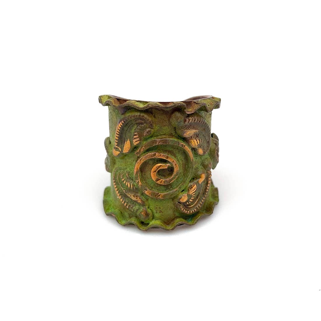 Copper Patina Ring - Light Green Spiral and Ornate Shapes