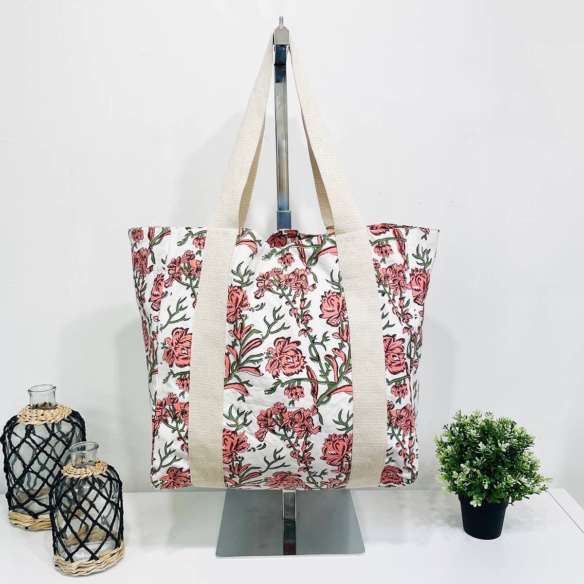 Handcrafted Canvas Bag with Block-Printed Cherry Blossom