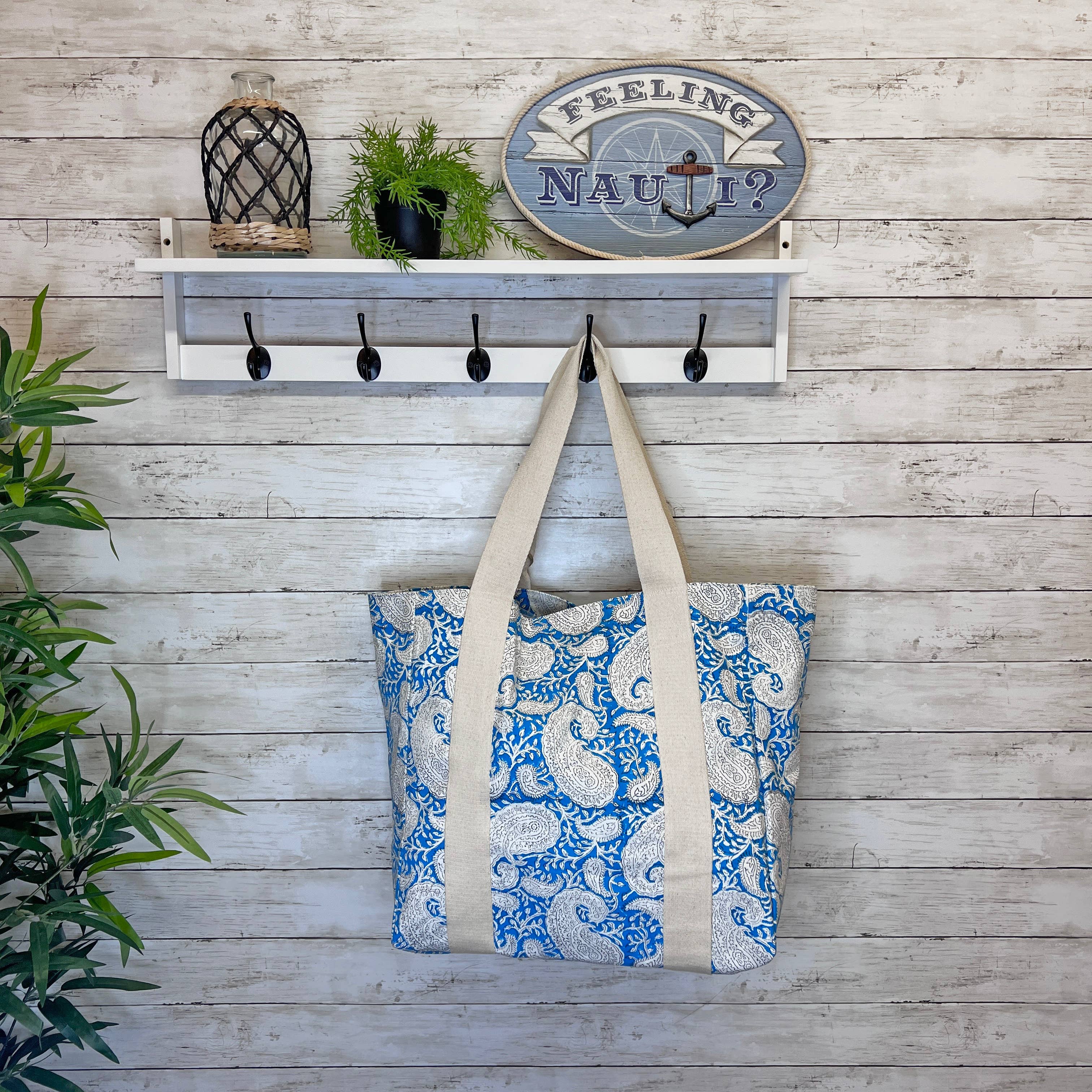 Handcrafted Canvas Bag with Block-Printed Blue Paisley