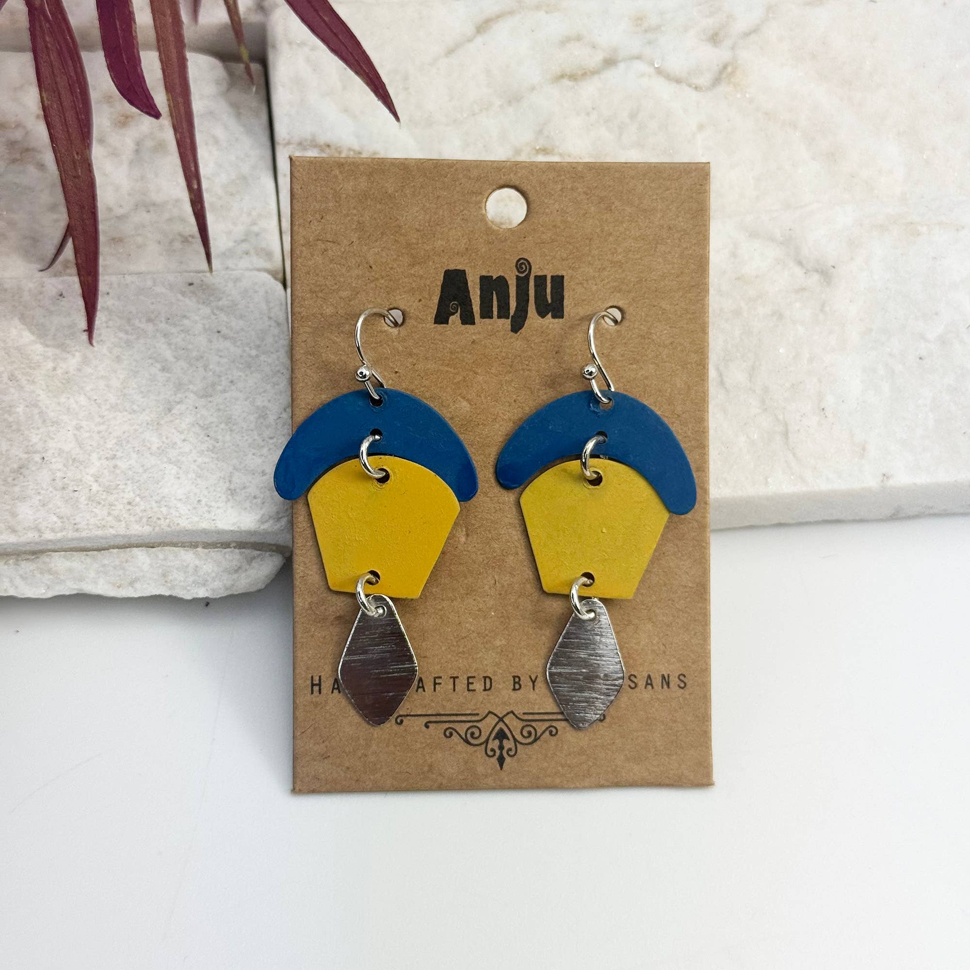 Handcrafted Yellow & Blue Patina Geometric Drop Earrings